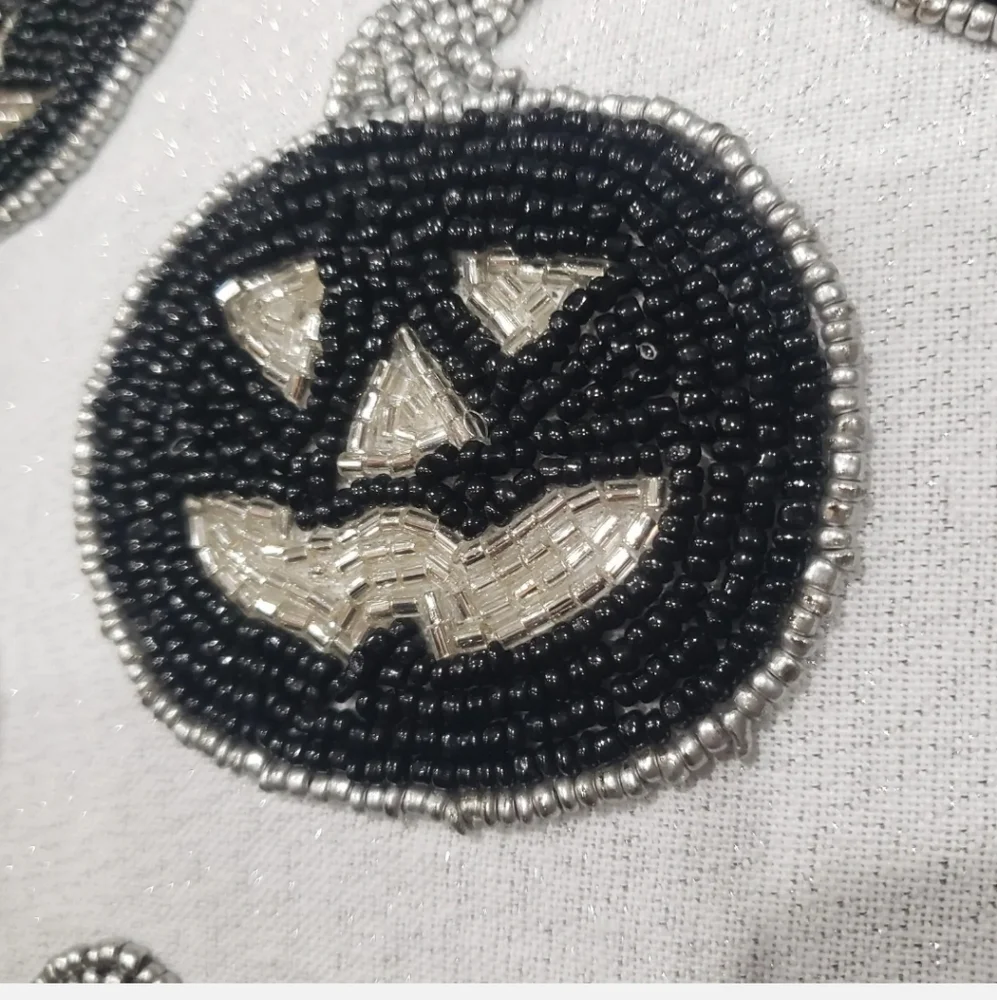 Spooky Night Halloween Jack Pumpkin Faces White Silver & Black Beaded Pillow 12